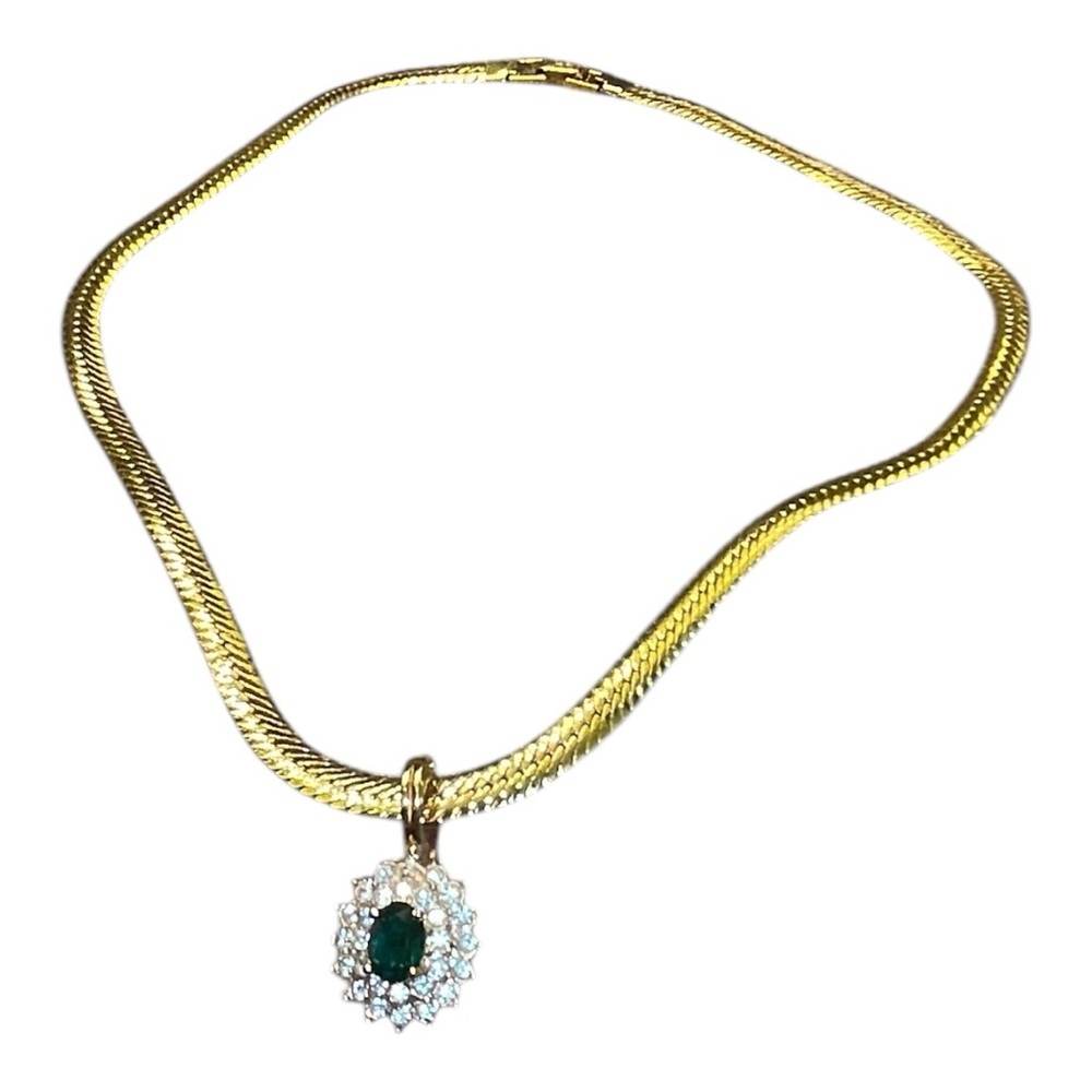 Vintage Napier Gold-Plated Herringbone Chain Green Rhinestone Statement Necklace